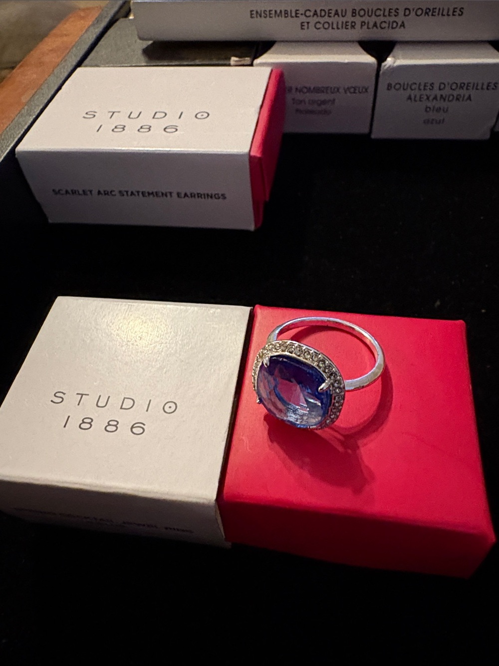 Studio Silver Ring with Blue Oval Stone and Crystal Halo
